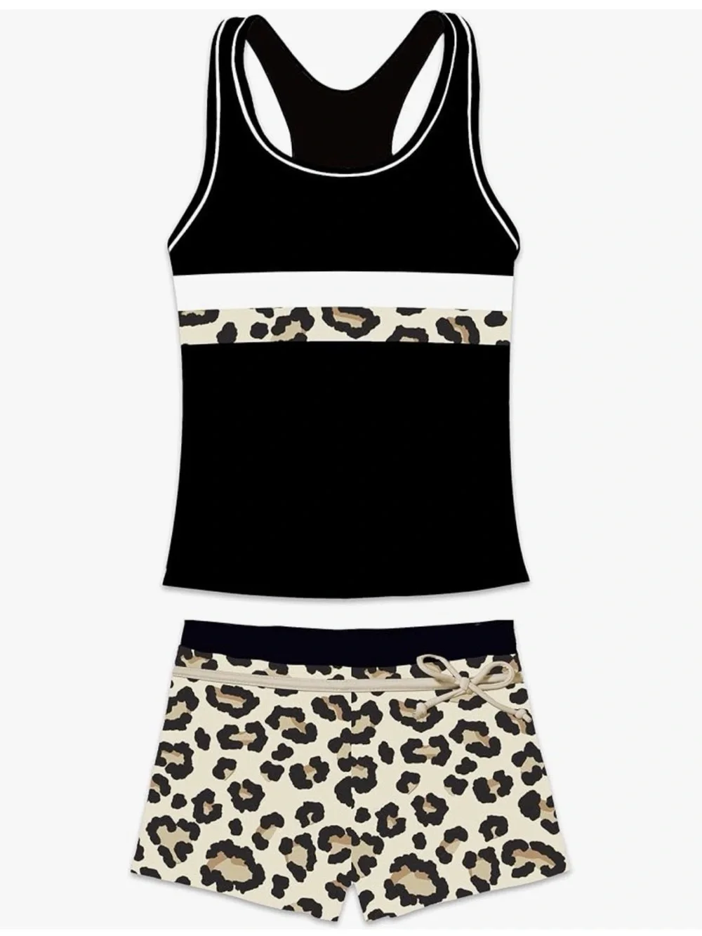 Girls' Black Tankini Swim Top with Leopard Trim and Matching Swim Shorts